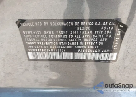 2019 Volkswagen Jetta 1.4T Sel z USA, uszkodzony, nr VIN 3VWE57BU2KM110724